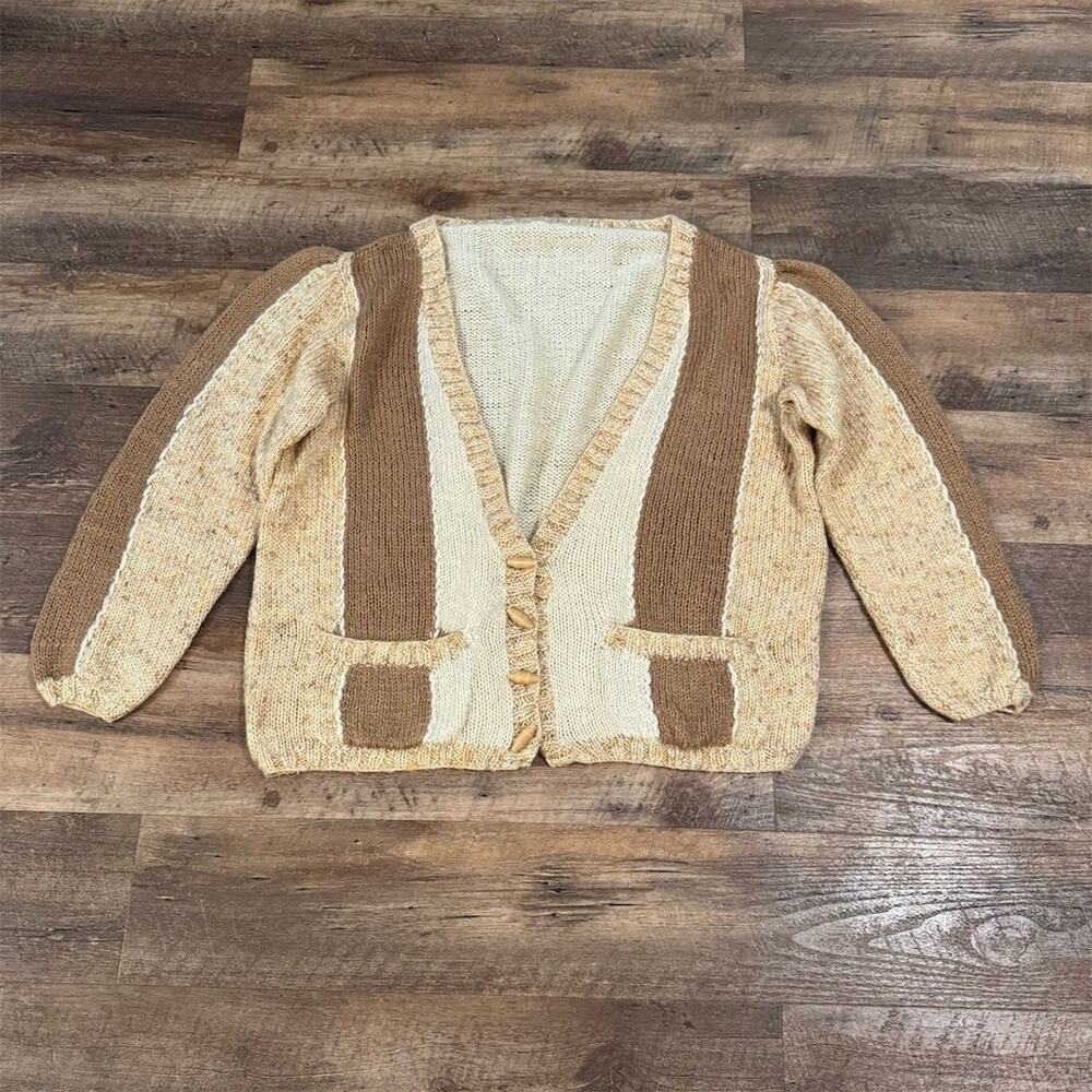 Hand-Knit Cardigan Sweater Beige Oatmeal Kurt Cobain Grunge Cottage 3XL? READ